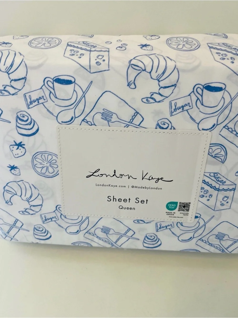 London Kaye Parisian Pastry Queen Size Sheet Set White Blue Coffee Croissant